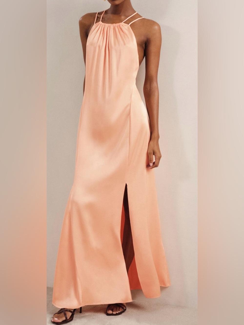 Reiss Satin Peach Backless Maxi Dress with Side Slit - Size 10 NWT